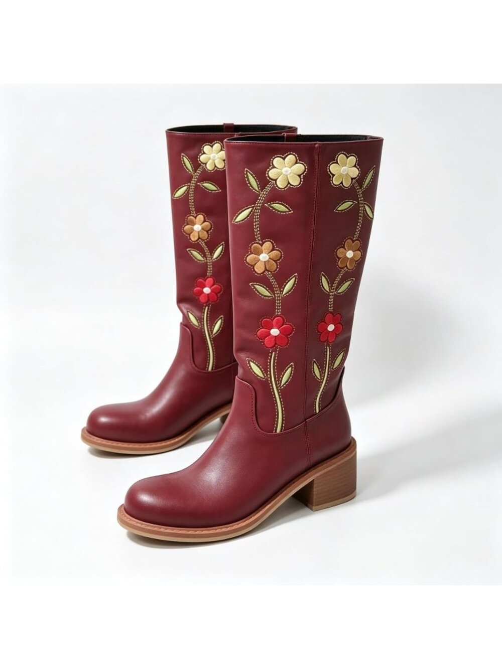 Women's Burgundy Floral Embroidered Western Mid Calf Square Heel Cowgirl Boots - Picture 6 of 6